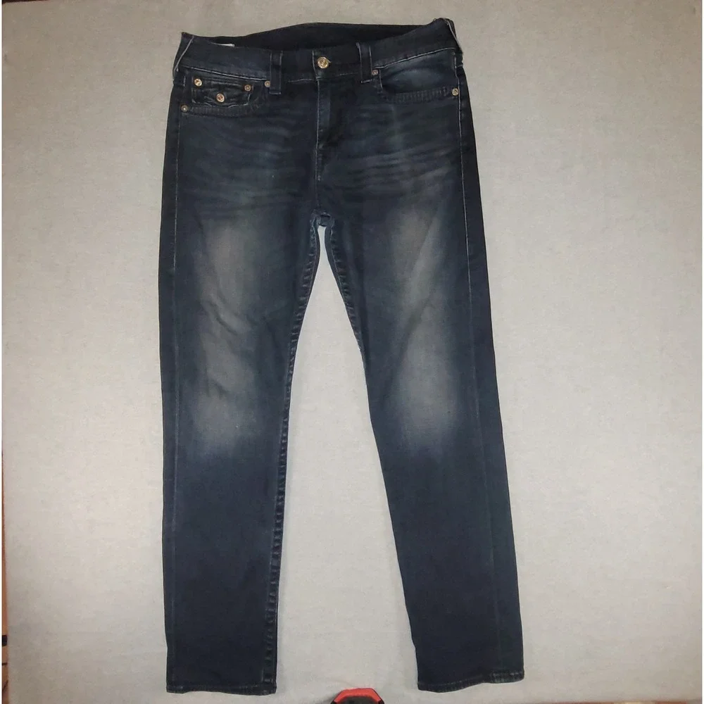True Religion Geno Relaxed Slim Jeans Mens 34 Dark Wash Denim Whiskered Blue